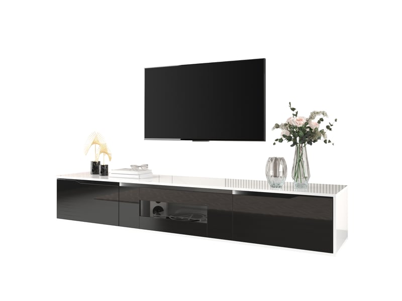  Meuble tv laquée brillante avec led 16 couleurs et façade rainurée, pour salon, blanc et noir, 180×35×30 cm  - Conforama A