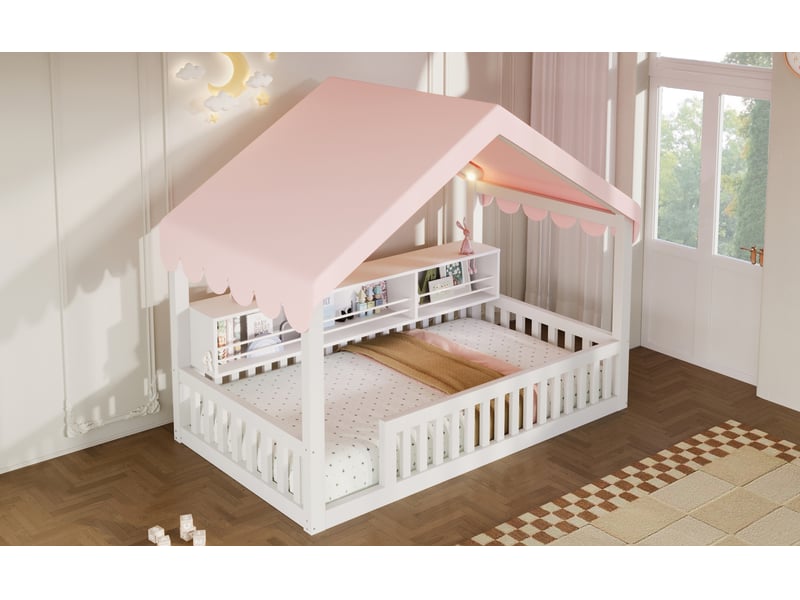 Lit enfant 90 x 200 cm, cadre de lit avec rangement, étagères ouvertes, éclairage led, barrières de sécurité, bois, blanc Morn Vibe - Conforama E