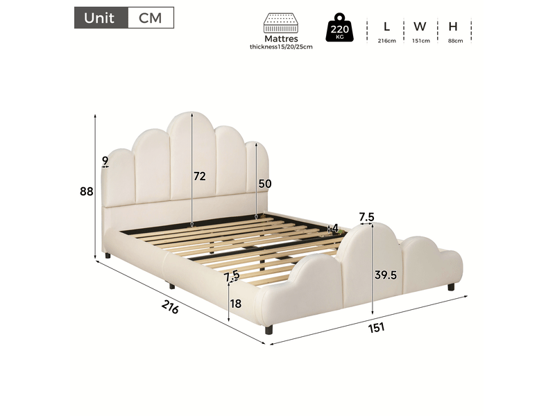 Lit enfant rembourré 140 × 200 cm 2 places avec tête de lit et coins arrondis, sans matelas, en velours, beige  - Conforama D