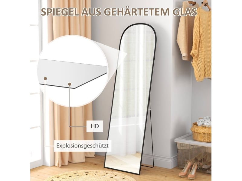 Miroir plein pied 169x49 cm arqué avec verre résistant aux éclats et cadre en aluminium noir - Conforama D