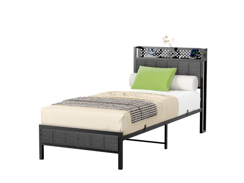  Lit simple 90x200 cm avec ports usb, prises et espace sous lit, cadre métal noir, tête de lit en tissu  - Conforama A