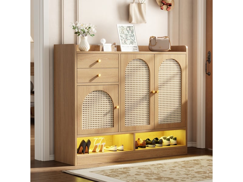  Meuble à chaussures 120x35x100 cm avec 3 portes effet cannage, 2 tiroirs, niches ouvertes et éclairage LED - Naturel Fay Lum - Conforama E