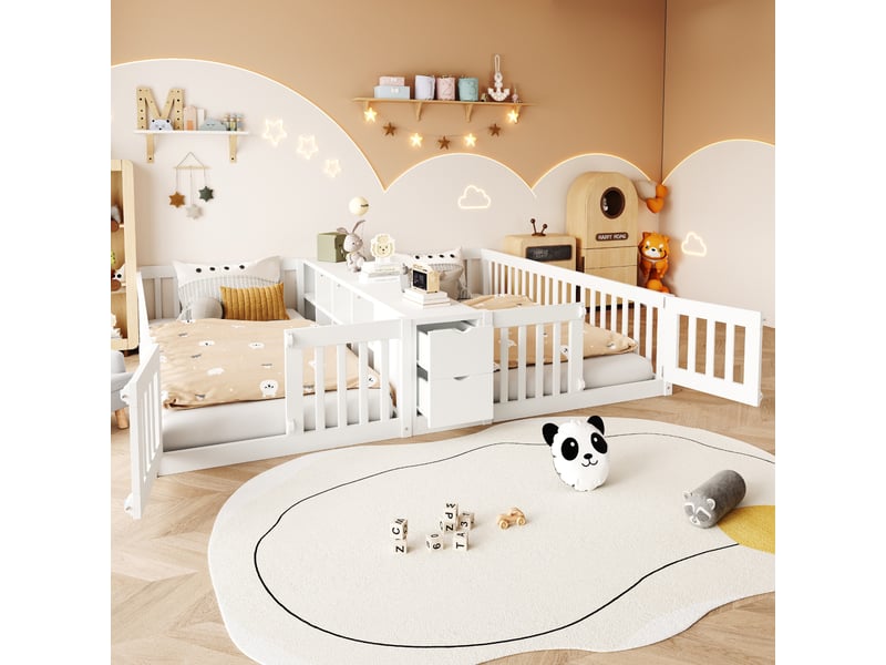  Lit enfant 90x200 cm - lit double jumeaux au sol 90x200 - avec barrières de sécurité, étagères centrales et tiroirs - bois de pin et mdf - blanc  - Conforama B