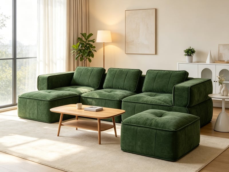 Canapé modulaire 3 places en u, 2 poufs, mousse 32d, assise profonde, tissu doux, 271×162×67 cm, vert - Conforama B