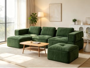 Canapé modulaire 3 places en u, 2 poufs, mousse 32d, assise profonde, tissu doux, 271×162×67 cm, vert