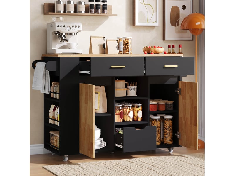 Desserte de cuisine à plateau rabattable, 3 tiroirs, 2 portes, roulettes verrouillables, noir naturel 120 × 71 × 90 cm - Conforama B