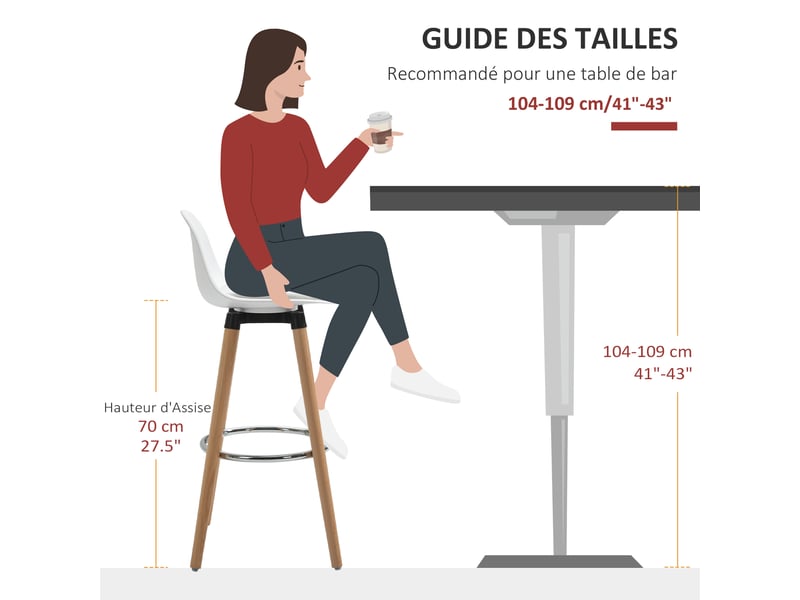  Lot de 4 tabourets de bar style scandinave hauteur 70 cm avec pieds en bois et repose-pieds en acier - blanc  - Conforama D