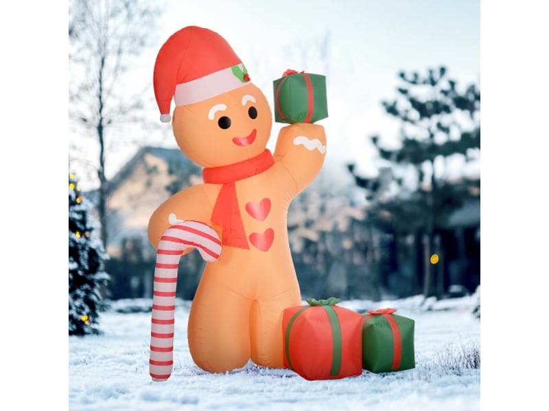 Bonhomme en pain d'épices gonflable avec sucre d'orge, 170 x 100 x 245 cm, led blanches, décoration de noël - Conforama C