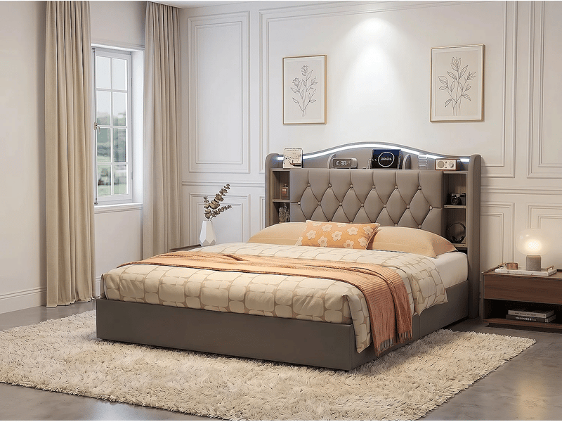  Lit coffre rembourré 160x200 cm - velours - avec éclairage led et port usb - tête de lit avec rangement  - Conforama D