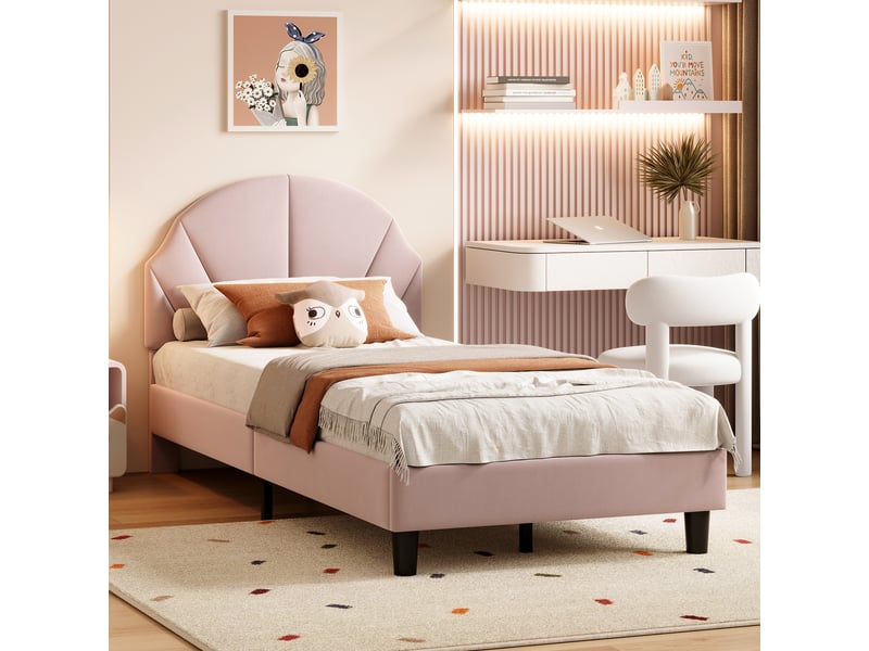  Lit jeunesse 90x200, lit simple 90x200, tête de lit réglable, revêtement velours, montage facile, rose  - Conforama D