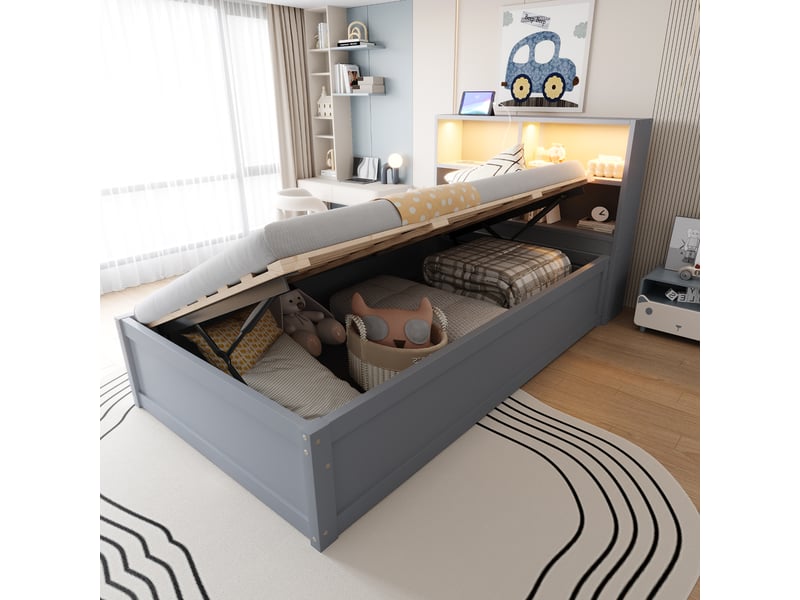  Lit banquette 1 place 90x200 cm en bois, avec 4 compartiments, prise multifonction et led, gris, matelas non précisé  - Conforama C