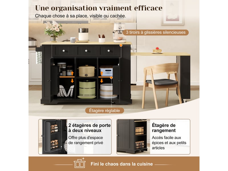  Îlot de cuisine mobile noir et bois naturel en mdf, table extensible, prise intégrée, roulettes, 138 (213) × 55 × 93 cm  - Conforama E