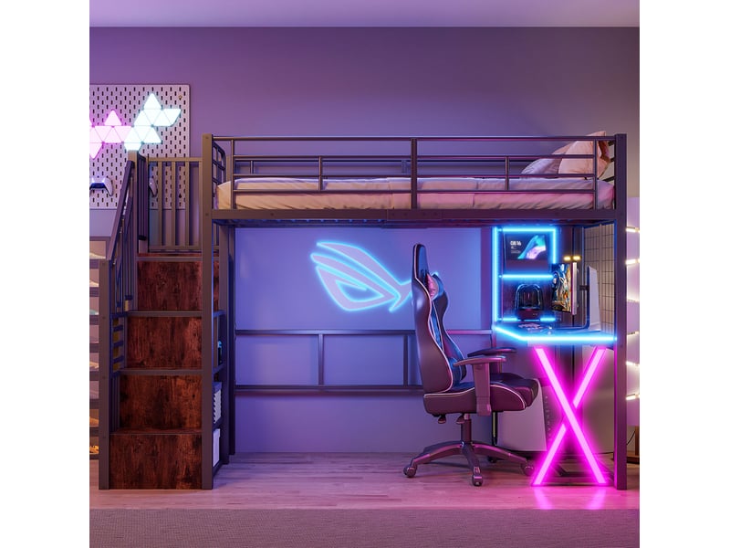  Lit mezzanine 90x200 cm avec bureau, armoire, rangements et led noir  - Conforama D