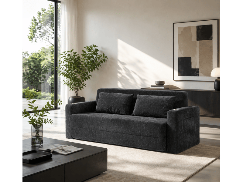  Canapé-lit 2 places pliable 153x77x65 cm avec ports usb, noir et gris, sans matelas  - Conforama B