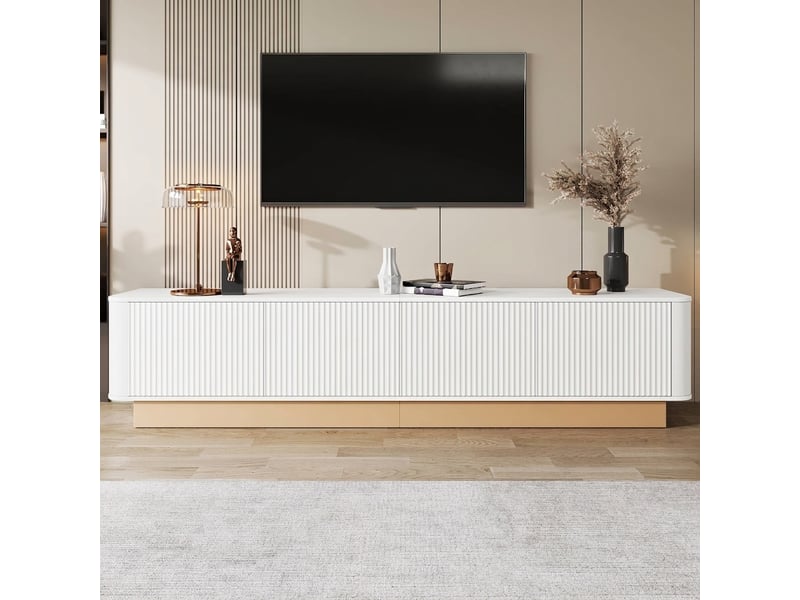  Meuble tv blanc 200 cm avec 4 portes, étagères réglables et coins arrondis  - Conforama E
