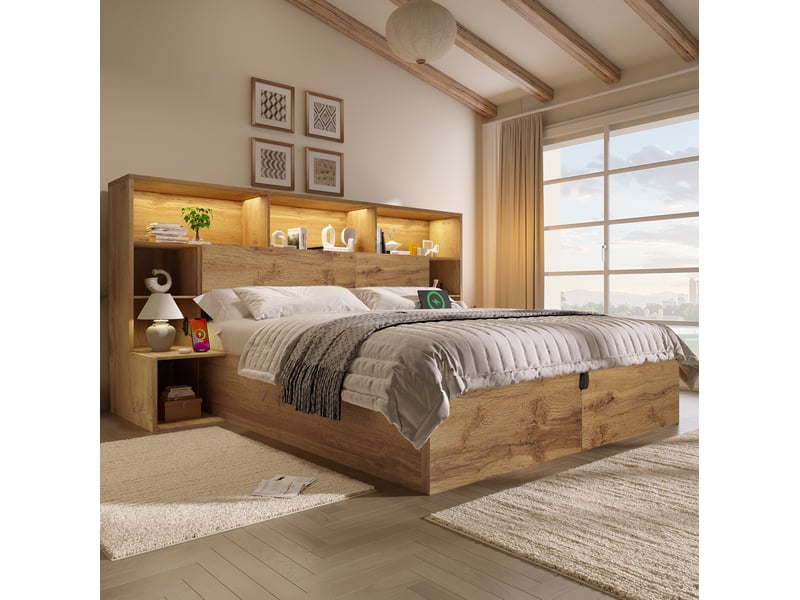 Lit avec rangement 160 x 200 cm avec led, ports usb-c, tables de nuit intégrées, en bois couleur chêne - Conforama D