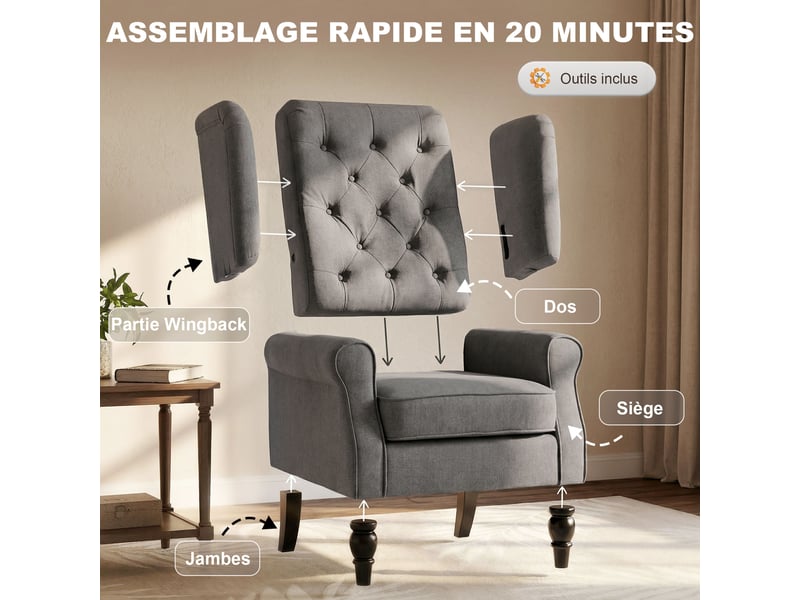  Fauteuil de salon, fauteuil d'appoint mi-siècle moderne en velours avec dossier haut capitonné à oreilles, gris  - Conforama W