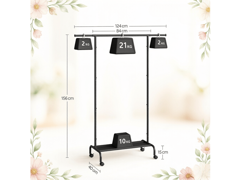 Portant simple à roulettes noir avec étagère et barre extensible  - Conforama C