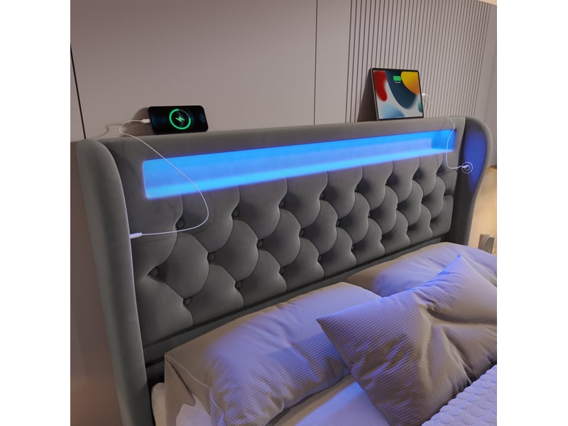  Lit coffre adulte 160x200 cm – gris – rangement hydraulique, led, ports usb et type-c, avec matelas  - Conforama E