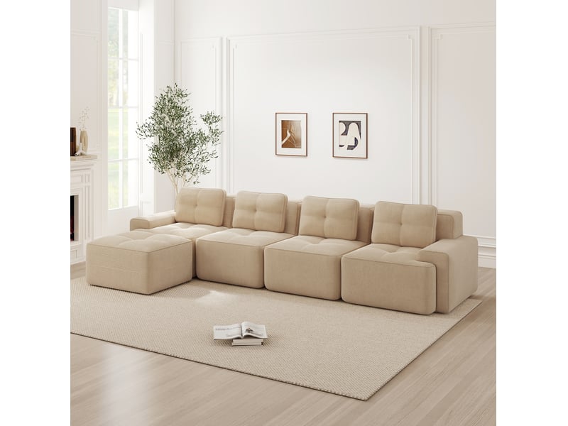 Canapé d'angle modulaire ulevr 4 places convertible, velours côtelé beige, assise profonde 74 cm, 382 x 177 x 69 cm, sans montage - Conforama B