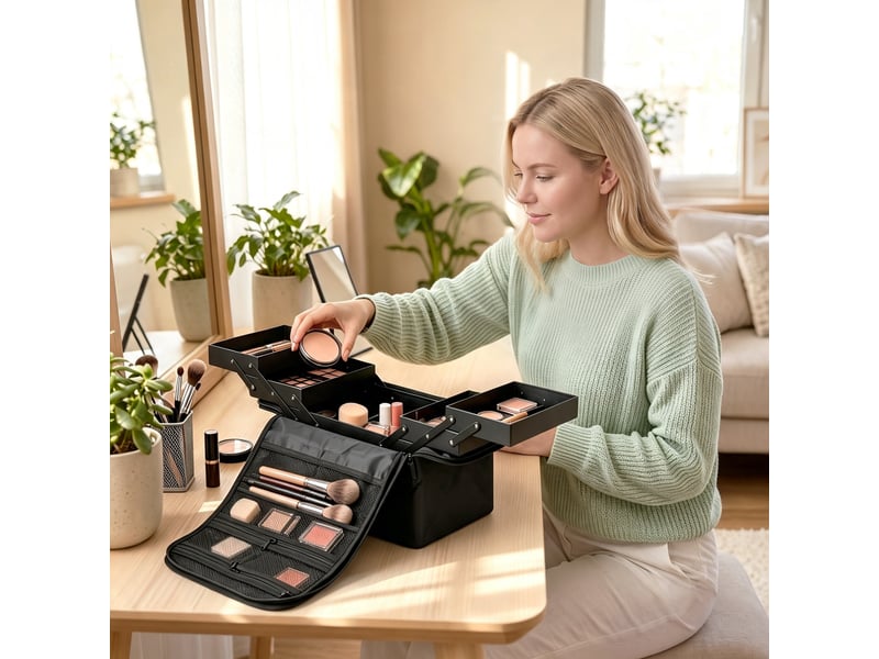  Trousse de maquillage avec 4 compartiments amovibles, bandoulière et poignée, noire  - Conforama C