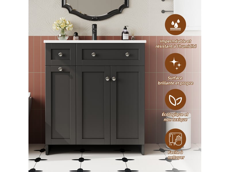  Meuble vasque sur pied 76x47x86 cm avec 3 tiroirs coloris noir  - Conforama B