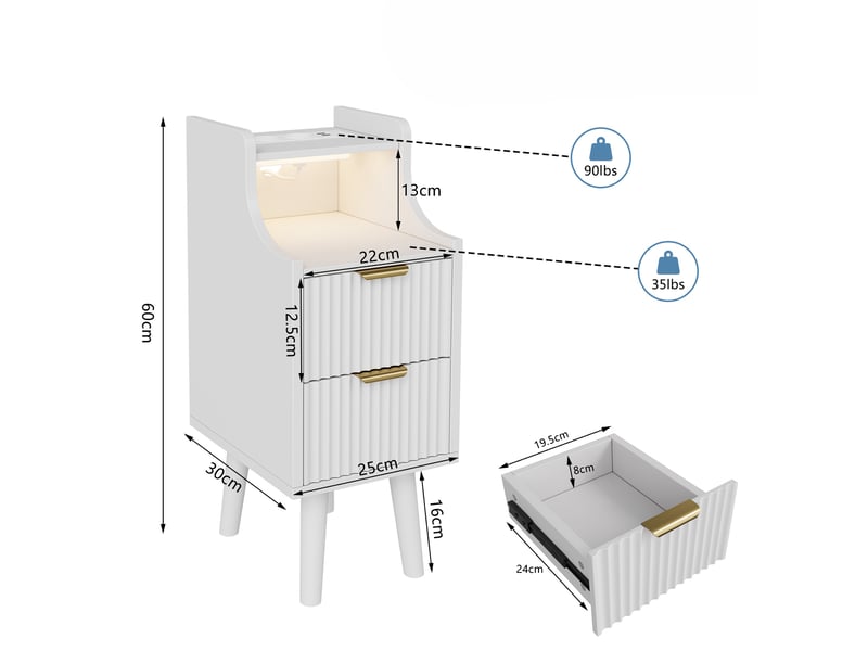 Lot de 2 tables de chevet,avec prises et ports usb et bande led 3 couleurs,meuble de nuit étroit design ondulé avec 2 tiroirs et niche ouverte,blanc  - Conforama E