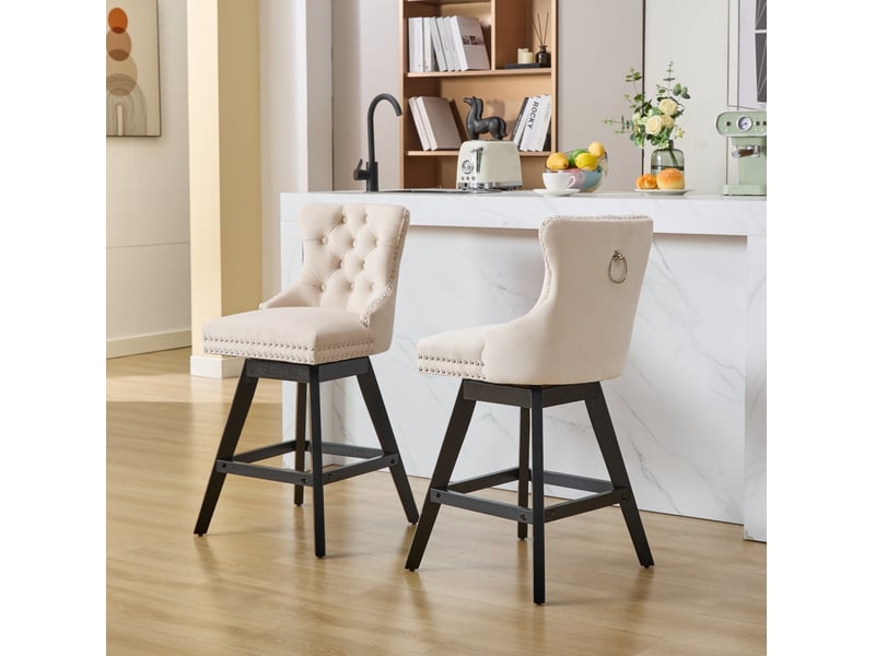  Tabouret de bar pivotant velours beige dossier courbé pieds bois cravdom  - Conforama C