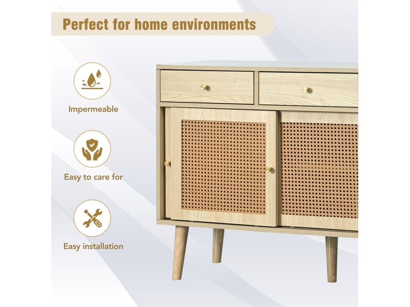  Buffet bas à portes coulissantes – 3 tiroirs, façades en cannage, chêne clair – 120 x 40 x 78 cm  - Conforama E
