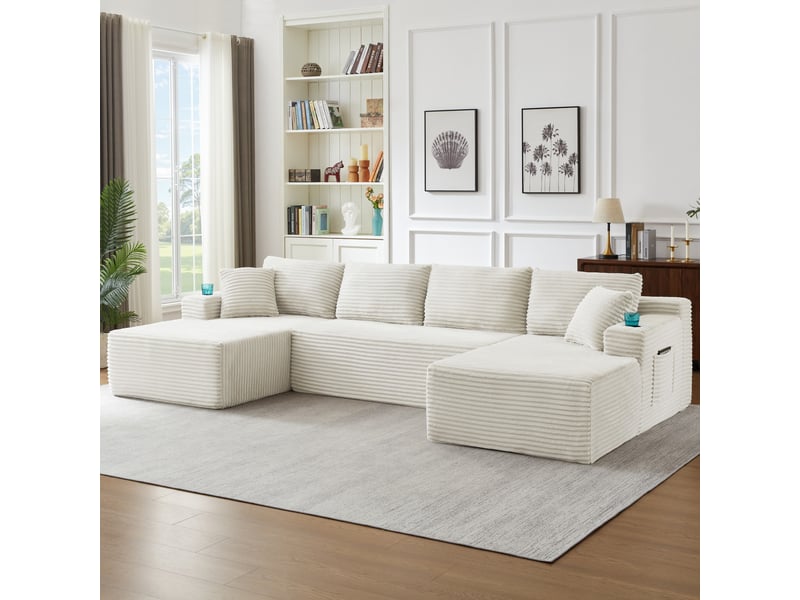 Canapé d'angle modulable en u canapé 4 places canapé compressé en velours côtelé avec porte-gobelets poches latérales, beige - Conforama D