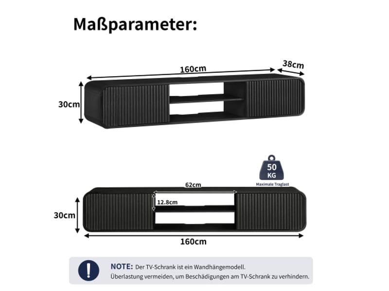 Meuble tv mural noir 160 cm - étagères ouvertes et rangement suspendu pour salon et chambre  - Conforama C