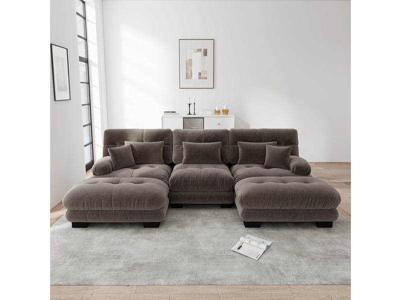  Canapé panoramique en u modulable avec assise profonde et ottoman, en chenille marron  - Conforama C