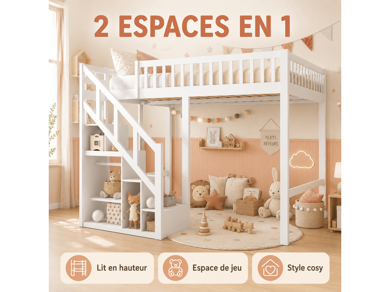  Lit mezzanine enfant pin 90x200, lit adulte loft avec échelle de rangement armoire étagères et sommiers à latte,  barrière de sécurité, escalier rangement intégré, pin massif, lit superposé avec placard de rangement, protection …  - Conforama W