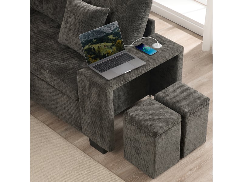 Canapé d'angle 220x205x86,5cm, espace de rangement, porte-gobelets, coussins, structure en bois, tissu chenille, gris - Conforama E