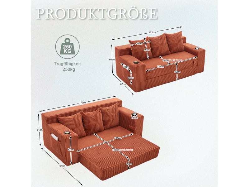 Canapé modulaire 3 places extensible avec porte-gobelets et poches latérales en velours côtelé orange, 172 × 87 × 64 cm - Conforama C