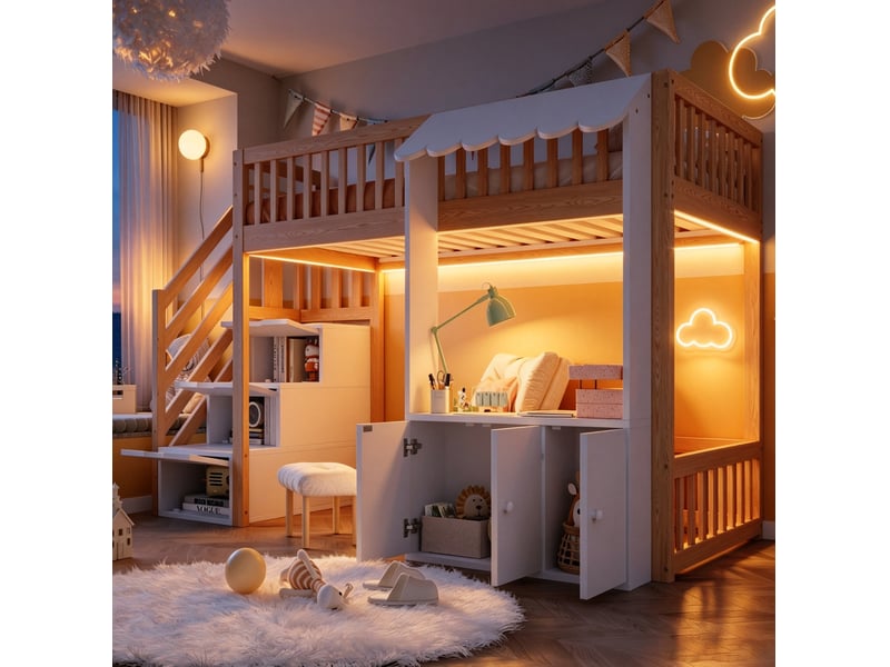  Lit mezzanine enfant 90x200 cm avec rangements, escalier et éclairage led multicolore  - Conforama D