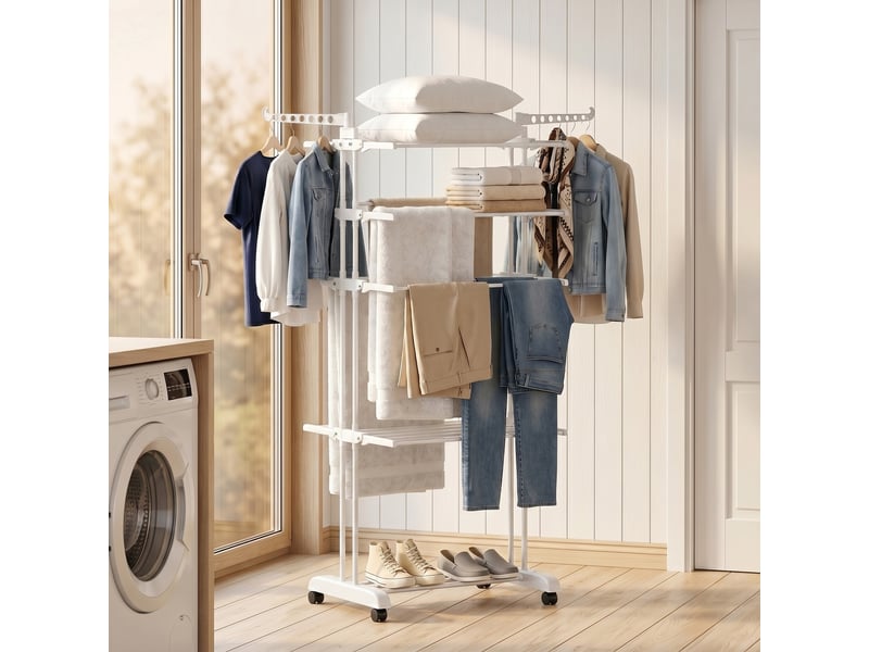  Séchoir à linge pliable 4 niveaux avec roulettes, étendoir linge intérieur avec ailes latérales, cadre en acier, blanc  - Conforama B