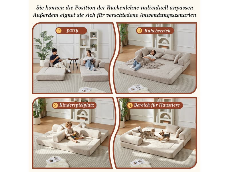  Canapé convertible 4-en-1 en tissu chenille kaki, 4 configurations, sans montage, 4 coussins inclus, design modulable  - Conforama D