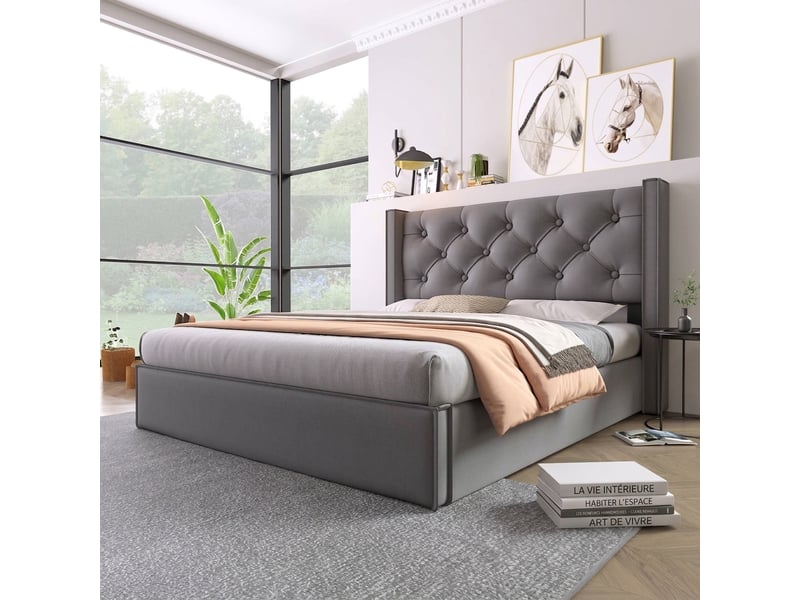  Lit coffre 140x200 capitonné avec sommier à lattes en bois et rangement hydraulique, gris  - Conforama B
