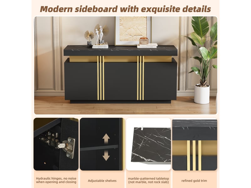  Buffet noir et doré 3 portes, meuble moderne effet marbre avec 6 compartiments réglables, 140 x 38 x 70 cm  - Conforama E