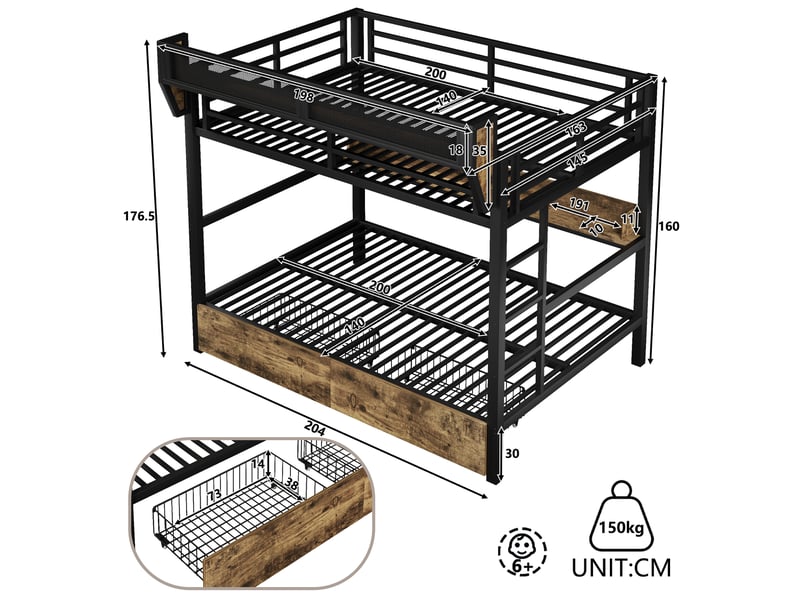  Lit superposé 140x200 cm noir en métal et mdf avec led et 2 tiroirs  - Conforama C