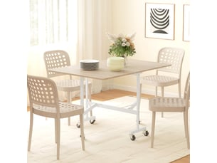 Table pliable 6 personnes - table à rabat mobile 6 roulettes - acier blanc effet bois clair