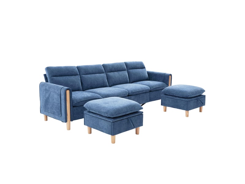  Canapé modulable 4 places avec 2 poufs en tissu chenille bleu W3056S00060 - Conforama A