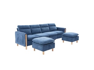 Canapé modulable 4 places avec 2 poufs en tissu chenille bleu