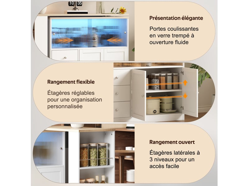  Îlot de cuisine plateau extensible avec 3 tiroirs et 4 portes 172x40x96 cm, roulettes verrouillables, pivotant en mdf couleur blanc  - Conforama D