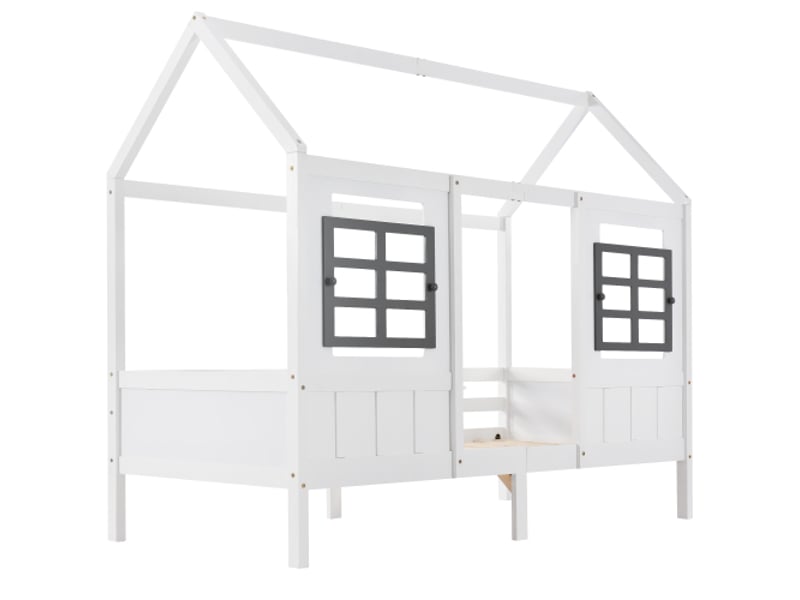  Lit cabane 90x200 cm, lit enfant avec 2 fenêtres et clôture de protection, en bois, blanc, sans matelas  - Conforama E