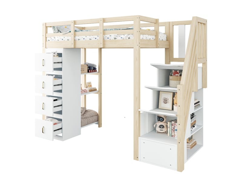  Lit mezzanine 90x200 cm en bois massif avec tiroirs de rangement, étagères multifonctions et échelle sécurisée avec rangements intégrés, naturel  - Conforama A