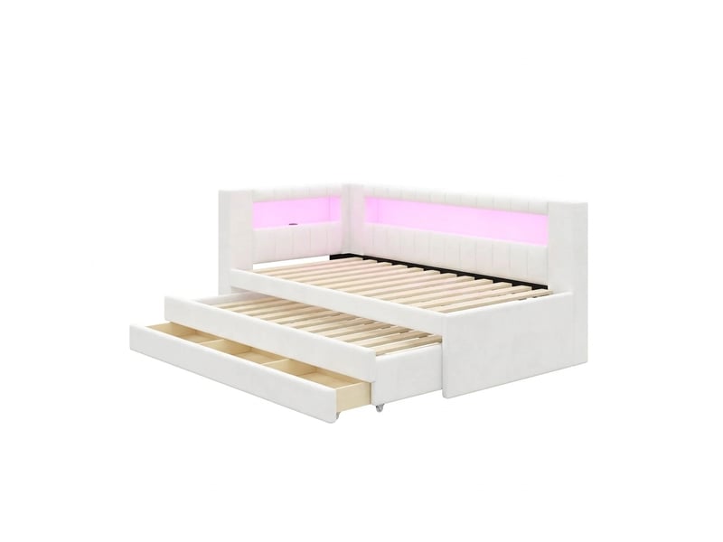  Lit banquette 90x200 capitonné avec ports usb, éclairage led, lit gigogne avec 3 tiroirs, blanc  - Conforama E