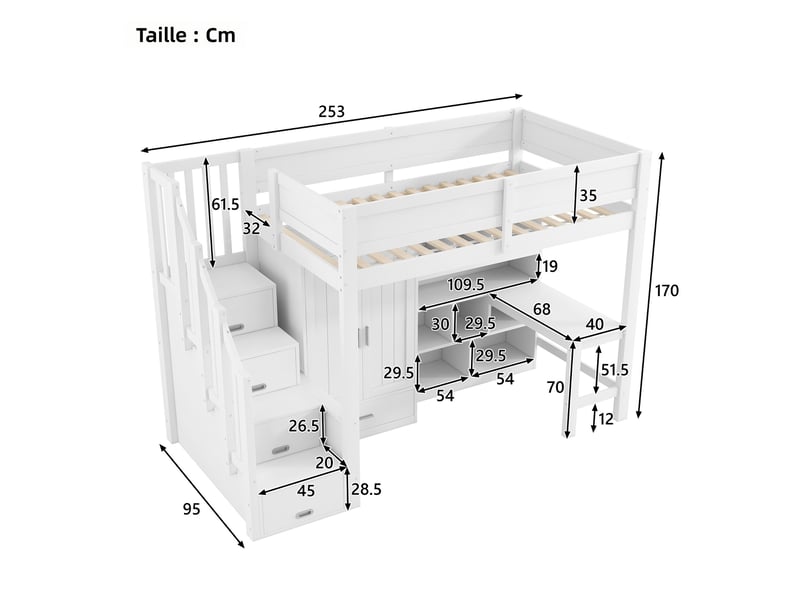 Lit superposé 90x200 cm avec bureau rangement armoire escalier et led blanc mdf pin - Conforama C