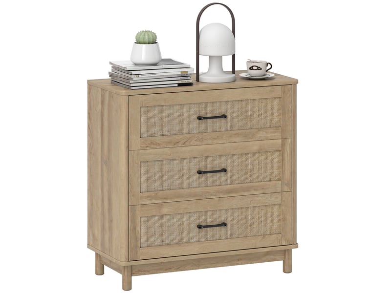 Commode 3 tiroirs en rotin, meuble de rangement, chiffonnier, pieds en bois massif, style bohème, 76x35x76cm, chêne  - Conforama A